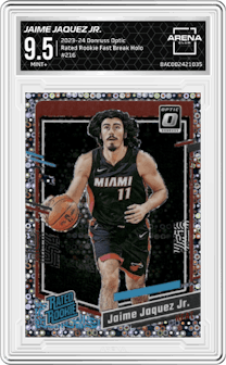 Jaime Jaquez Jr.  from the 2023-24 Donruss Optic set featuring a Fast Break Holo parallel graded by Arena Club and given an overall grade of 9.5.