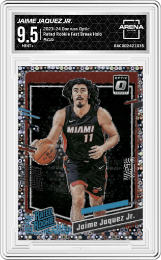 Jaime Jaquez Jr.  from the 2023-24 Donruss Optic set featuring a Fast Break Holo parallel graded by Arena Club and given an overall grade of 9.5.