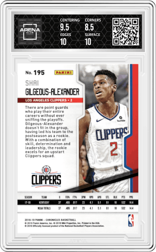 Shai Gilgeous-Alexander from the 2018-19 Panini Chronicles set graded by Arena Club and given an overall grade of 9.