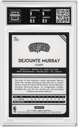 Dejounte Murray from the 2016-17 Panini Complete set graded by Arena Club and given an overall grade of 9.