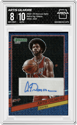 Artis Gilmore from the 2022-23 Panini Donruss Optic  set featuring a Choice parallel graded by Arena Club and given an overall grade of 8.