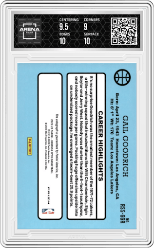 Gail Goodrich  from the 2022-23 Panini Donruss Optic  set featuring a Choice parallel graded by Arena Club and given an overall grade of 9.5.