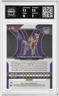 Tyrese Haliburton from the 2020-21 Panini Prizm set graded by Arena Club and given an overall grade of 9.5.