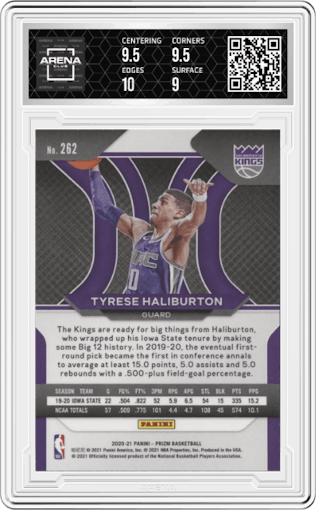 Tyrese Haliburton from the 2020-21 Panini Prizm set graded by Arena Club and given an overall grade of 9.5.