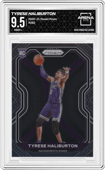 Tyrese Haliburton from the 2020-21 Panini Prizm set graded by Arena Club and given an overall grade of 9.5.