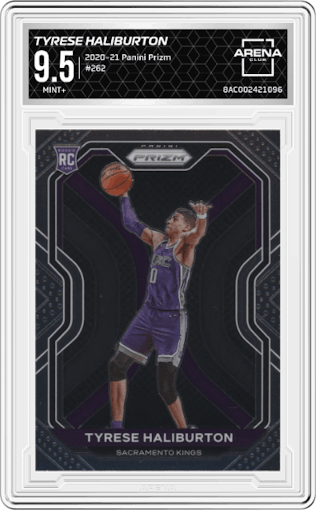 Tyrese Haliburton from the 2020-21 Panini Prizm set graded by Arena Club and given an overall grade of 9.5.