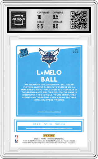 LaMelo Ball from the 2020-21 Panini Donruss set graded by Arena Club and given an overall grade of 10.