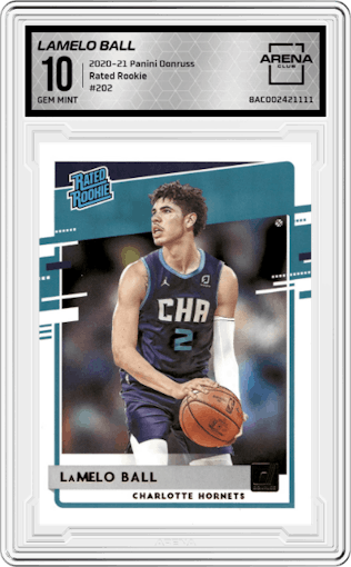 LaMelo Ball from the 2020-21 Panini Donruss set graded by Arena Club and given an overall grade of 10.