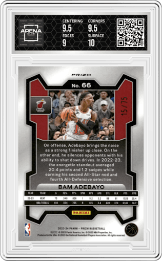 Bam Adebayo from the 2023-24 Panini Prizm set featuring a  Red Power Prizm parallel graded by Arena Club and given an overall grade of 9.5.