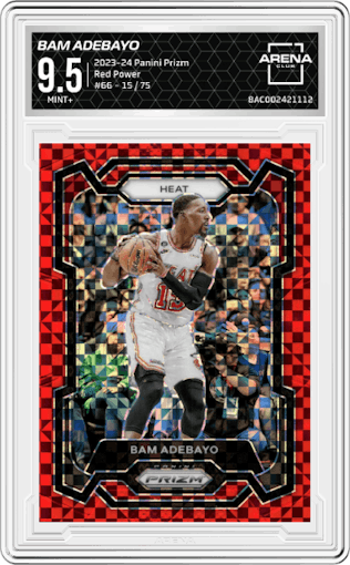 Bam Adebayo from the 2023-24 Panini Prizm set featuring a  Red Power Prizm parallel graded by Arena Club and given an overall grade of 9.5.