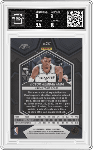 Victor Wembanyama from the 2023-24 Panini Mosaic set graded by Arena Club and given an overall grade of 9.5.