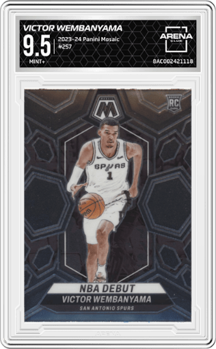 Victor Wembanyama from the 2023-24 Panini Mosaic set graded by Arena Club and given an overall grade of 9.5.