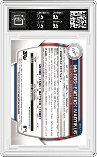 Mairoshendrick Martinus from the 2023 Bowman  set featuring a Aqua Lunar Crater Refractor parallel graded by Arena Club and given an overall grade of 9.5.