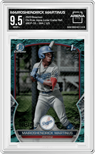 Mairoshendrick Martinus from the 2023 Bowman  set featuring a Aqua Lunar Crater Refractor parallel graded by Arena Club and given an overall grade of 9.5.