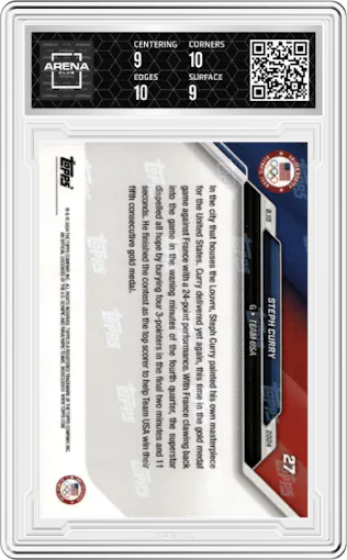 Steph Curry from the 2024 Topps Now Olympics set graded by Arena Club and given an overall grade of 9.5.