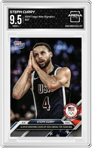 Steph Curry from the 2024 Topps Now Olympics set graded by Arena Club and given an overall grade of 9.5.