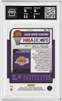 Jalen Hood-Schifino from the 2023-24 Panini Hoops Premium Stock set featuring a Green Prizm parallel graded by Arena Club and given an overall grade of 9.5.