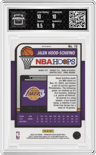 Jalen Hood-Schifino from the 2023-24 Panini Hoops Premium Stock set featuring a Green Prizm parallel graded by Arena Club and given an overall grade of 9.5.
