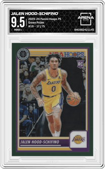 Jalen Hood-Schifino from the 2023-24 Panini Hoops Premium Stock set featuring a Green Prizm parallel graded by Arena Club and given an overall grade of 9.5.