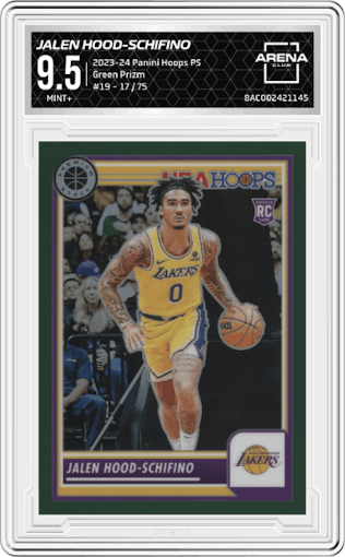 Jalen Hood-Schifino from the 2023-24 Panini Hoops Premium Stock set featuring a Green Prizm parallel graded by Arena Club and given an overall grade of 9.5.