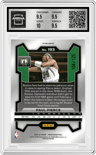 Paul Pierce from the 2023-24 Panini Prizm set featuring a Blue Ice parallel graded by Arena Club and given an overall grade of 10.