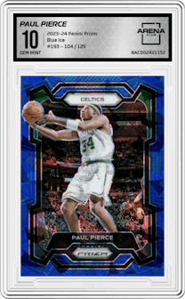 Paul Pierce from the 2023-24 Panini Prizm set featuring a Blue Ice parallel graded by Arena Club and given an overall grade of 10.