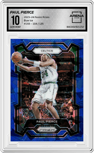 Paul Pierce from the 2023-24 Panini Prizm set featuring a Blue Ice parallel graded by Arena Club and given an overall grade of 10.