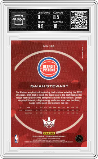 Isaiah Stewart from the 2020-21 Panini Court Kings set graded by Arena Club and given an overall grade of 9.