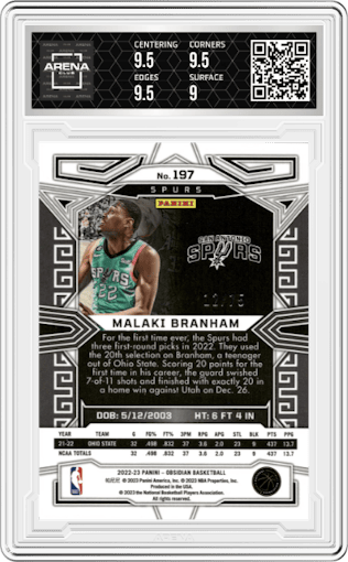 Malaki Branham from the 2022-23 Panini Obsidian set featuring a Electric Etch Red Yellow Green Flood parallel graded by Arena Club and given an overall grade of 9.5.