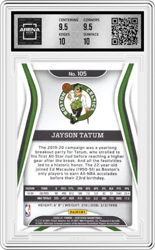 Jayson Tatum from the 2020-21 Panini Certified set featuring a Mirror Orange parallel graded by Arena Club and given an overall grade of 10.