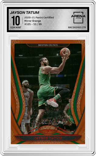 Jayson Tatum from the 2020-21 Panini Certified set featuring a Mirror Orange parallel graded by Arena Club and given an overall grade of 10.