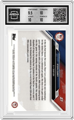 Steph Curry from the 2024 Topps Now Olympics set graded by Arena Club and given an overall grade of 10.