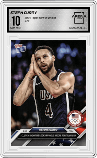 Steph Curry from the 2024 Topps Now Olympics set graded by Arena Club and given an overall grade of 10.