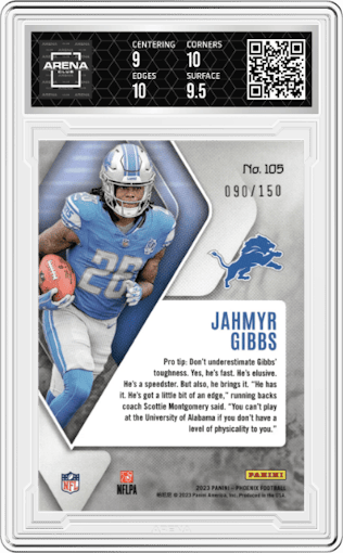 Jahmyr Gibbs from the 2023 Panini Phoenix set featuring a Teal parallel graded by Arena Club and given an overall grade of 9.5.