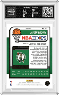 Jaylen Brown from the 2023-24 Panini Hoops Premium Stock set featuring a Disco Red parallel graded by Arena Club and given an overall grade of 9.5.