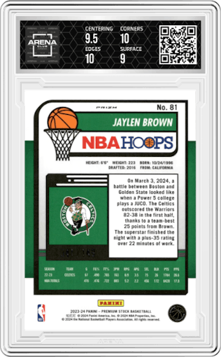 Jaylen Brown from the 2023-24 Panini Hoops Premium Stock set featuring a Disco Red parallel graded by Arena Club and given an overall grade of 9.5.