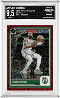 Jaylen Brown from the 2023-24 Panini Hoops Premium Stock set featuring a Disco Red parallel graded by Arena Club and given an overall grade of 9.5.
