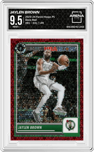 Jaylen Brown from the 2023-24 Panini Hoops Premium Stock set featuring a Disco Red parallel graded by Arena Club and given an overall grade of 9.5.