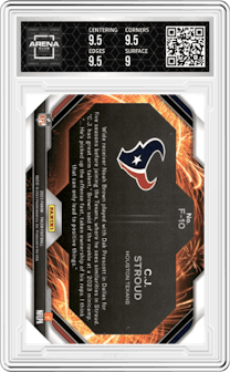C.J. Stroud from the 2023 Panini Prizm set graded by Arena Club and given an overall grade of 9.5.