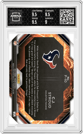 C.J. Stroud from the 2023 Panini Prizm set graded by Arena Club and given an overall grade of 9.5.