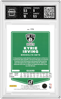 Kyrie Irving from the 2021-22 Panini Donruss set featuring a 75th Anniversary parallel graded by Arena Club and given an overall grade of 9.5.