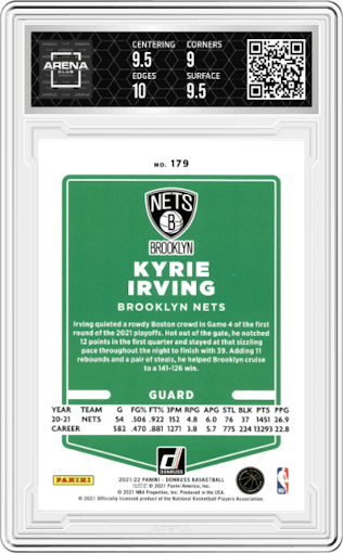 Kyrie Irving from the 2021-22 Panini Donruss set featuring a 75th Anniversary parallel graded by Arena Club and given an overall grade of 9.5.