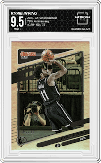 Kyrie Irving from the 2021-22 Panini Donruss set featuring a 75th Anniversary parallel graded by Arena Club and given an overall grade of 9.5.