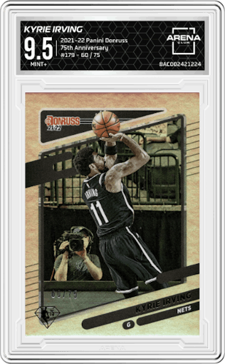 Kyrie Irving from the 2021-22 Panini Donruss set featuring a 75th Anniversary parallel graded by Arena Club and given an overall grade of 9.5.