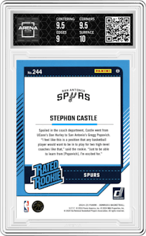 Stephon Castle from the 2024-25 Panini Donruss set graded by Arena Club and given an overall grade of 9.5.