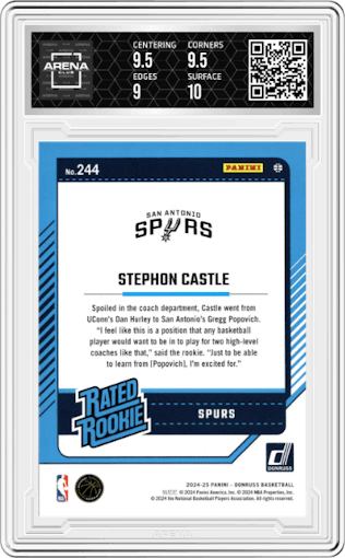 Stephon Castle from the 2024-25 Panini Donruss set graded by Arena Club and given an overall grade of 9.5.