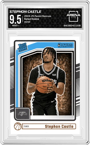 Stephon Castle from the 2024-25 Panini Donruss set graded by Arena Club and given an overall grade of 9.5.