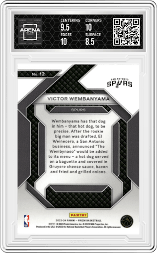 Victor Wembanyama from the 2023-24 Panini Prizm set graded by Arena Club and given an overall grade of 9.
