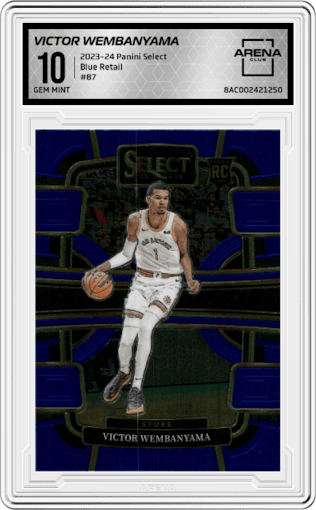 Victor Wembanyama from the 2023-24 Panini Select  set featuring a Blue Retail parallel graded by Arena Club and given an overall grade of 10.
