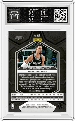 Victor Wembanyama from the 2023-24 Panini Mosaic set graded by Arena Club and given an overall grade of 9.5.